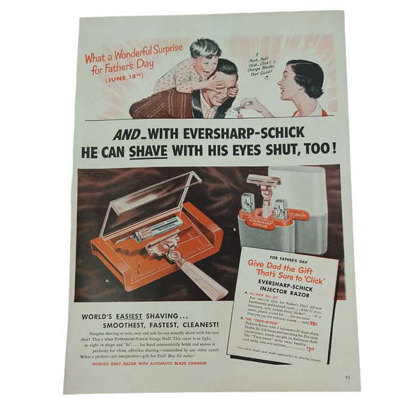 Schick Eversharp Injector Razor - Shave w/ Eyes Shut- 1950 Vtg PRINT AD Ephemera - Picture 10 of 10